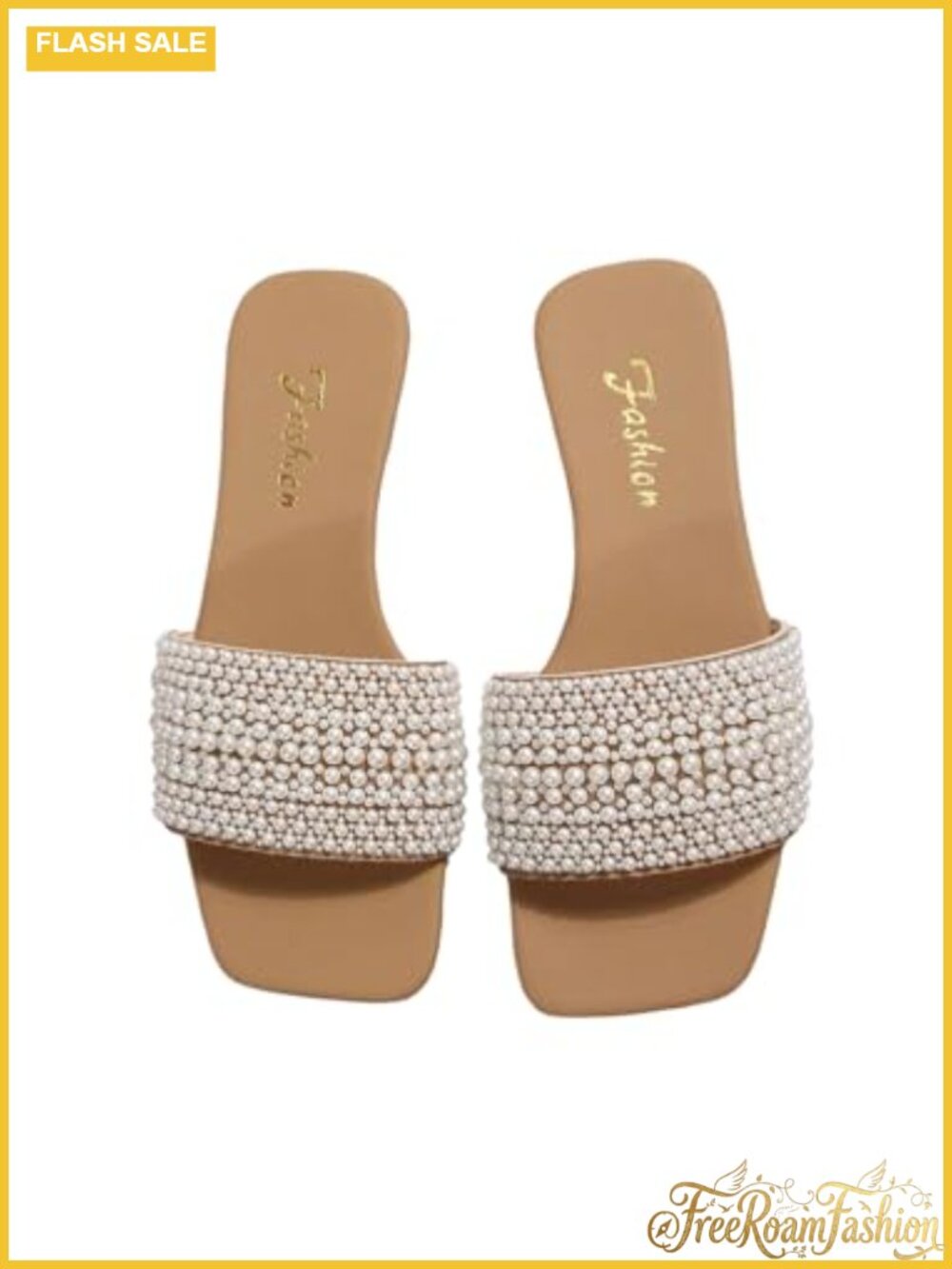 Women's Pearl Square Toe Sandals Open Toe Flat Slip On Slides